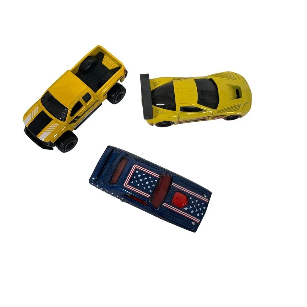Set Of 3 Die-Cast Toy Cars: Yellow Truck Yellow Sports Car‎ & American Flag Car